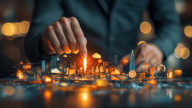 Professional in suit interacting with futuristic city model, showcasing technology and innovation