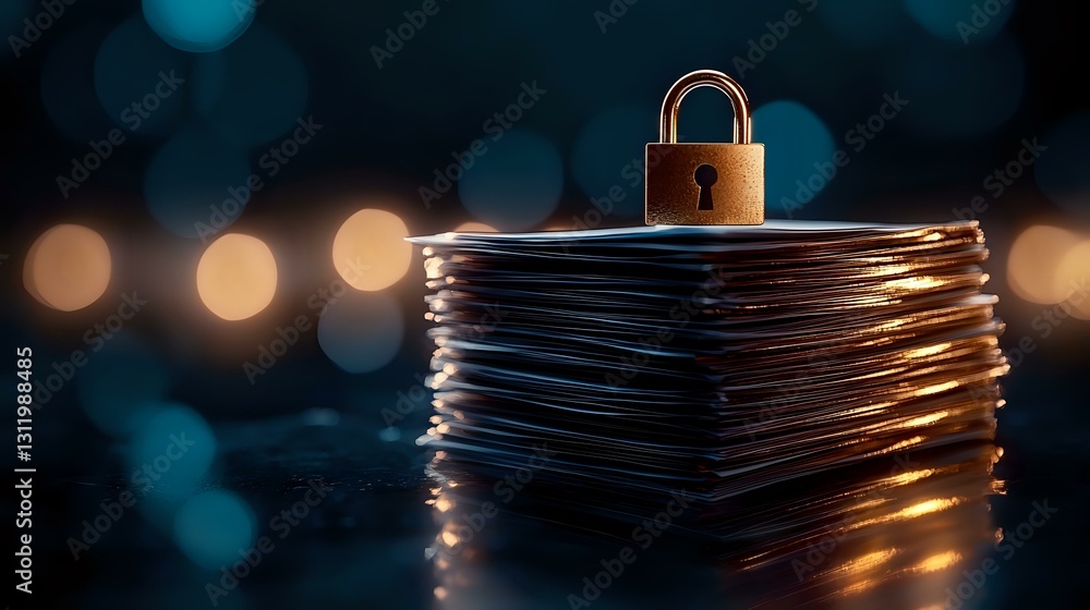 Poster brass padlock on stack of documents with blurred bokeh lights background symbolizing data protection