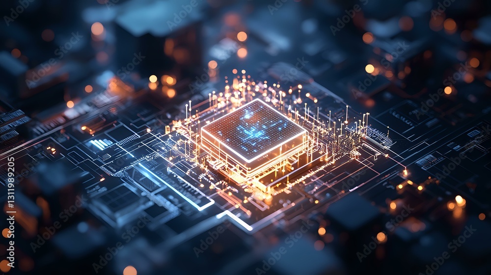Poster glowing processor microchip with circuit paths and orange light effects on dark background, modern c