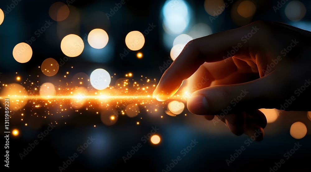 Aufkleber silhouette of finger touching glowing light streak with magical sparkles and bokeh effect against da