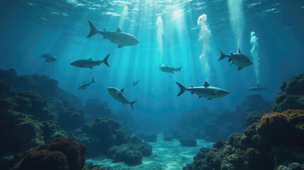 A group of sharks glides through crystal clear waters, illuminated by rays of sunlight filtering down from above. Coral formations and bubbles add to the serene marine environment
