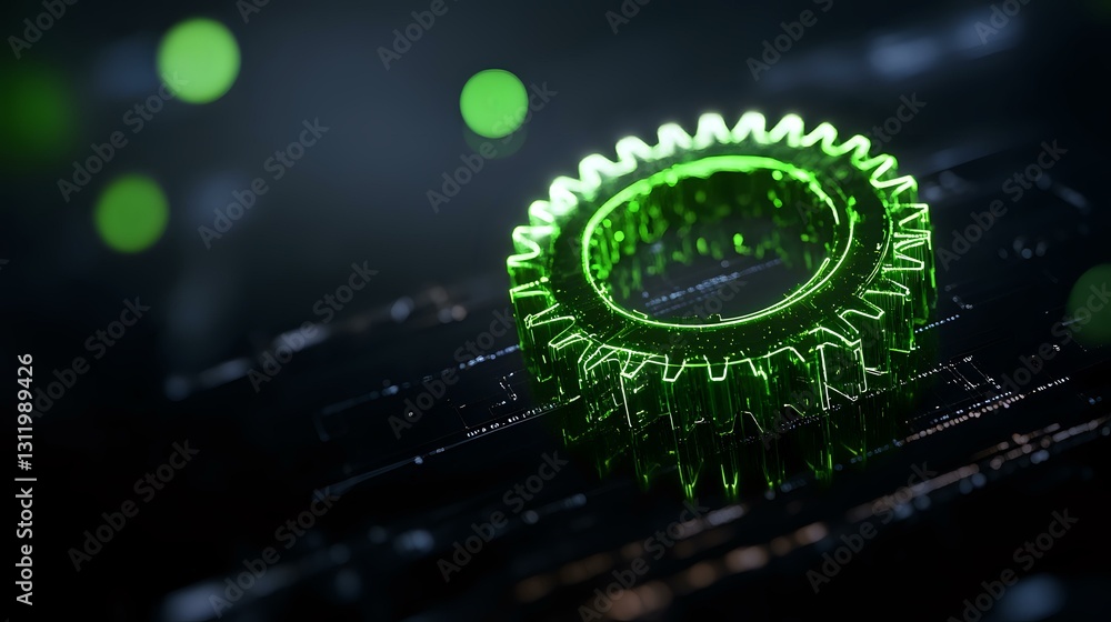 Poster glowing green gear mechanism on dark background with bokeh effects creates futuristic technological 
