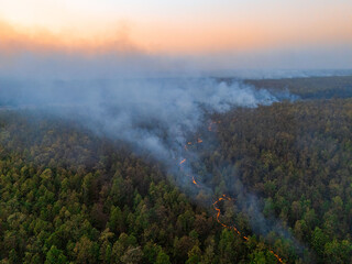 Aerial view of a destructive forest fire, releasing harmful emissions and accelerating...