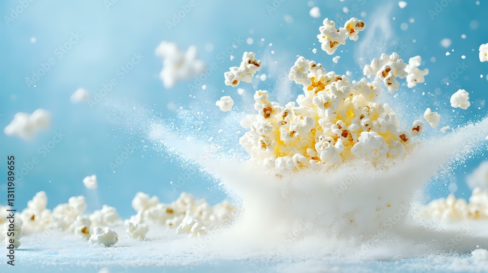 Poster fresh popcorn kernels exploding with dynamic motion against light blue background, creating dramatic