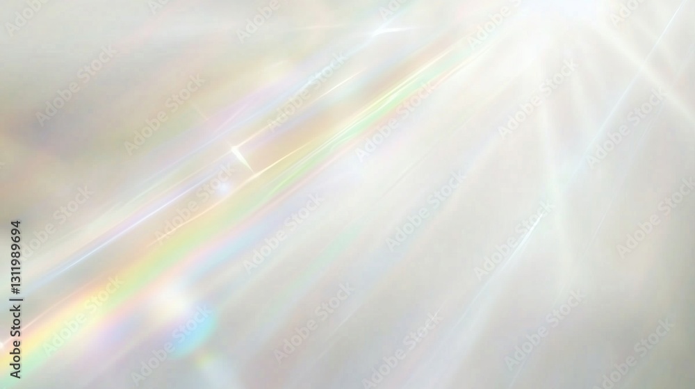 Poster Iridescent white background with rainbow light rays and prismatic lens flare. Soft-focus bokeh effect creating a dreamy and ethereal atmosphere with chromatic aberration and blurred textures.