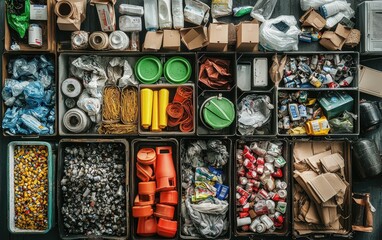 A recycling center with piles of sorted materials, promoting environmental sustainability and waste management