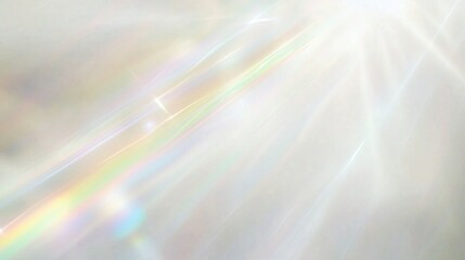 Iridescent white background with rainbow light rays and prismatic lens flare. Soft-focus bokeh effect creating a dreamy and ethereal atmosphere with chromatic aberration and blurred textures.
