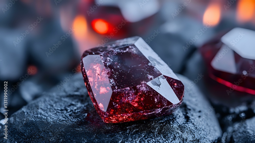 Aufkleber red translucent crystal on dark stone surface with glowing backlight creating mysterious atmosphere,