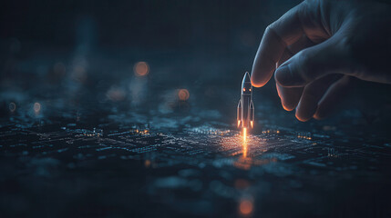 hand launching miniature rocket on digital circuit board, symbolizing innovation and technology