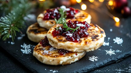 Winter pupusa with cranberry compote and brie cheese, elegantly presented on a dark slate with a snowy white garnish
