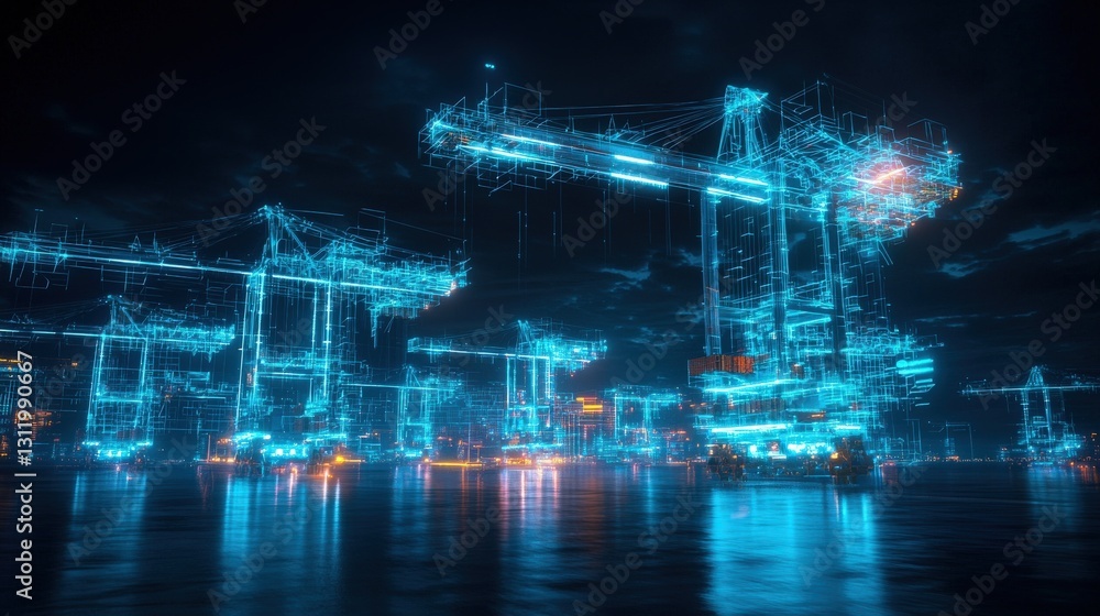 Poster a futuristic port with glowing digital cranes and self-loading cargo.