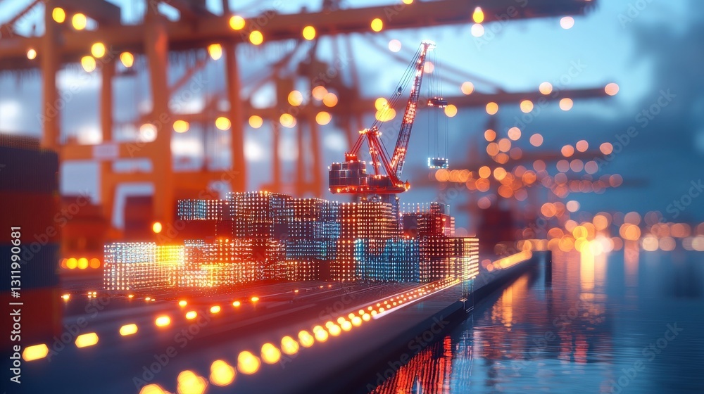 Poster a futuristic port with glowing digital cranes and self-loading cargo.