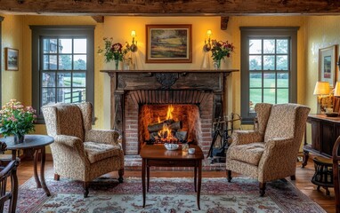 Fototapeta premium A quaint country inn with a cozy fireplace, vintage charm, and rooms offering stunning views of rolling hills and meadows