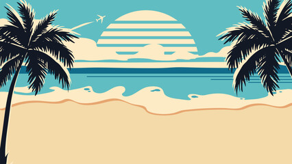 Horizontal Beach Panorama Background with Sea and Palm Trees in Retro Style. Landing page, web page for beach party in retro style. Beach vacation, travel, vacation in hot countries. Vector