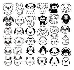 Obraz premium Animal Doodle Set Bunny Dog Cat Chicken Elephant Monkey Penguin Clipart Silhouette