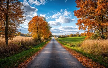 Naklejka premium A quiet rural road with vibrant autumn foliage lining the way, under a blue sky filled with soft clouds