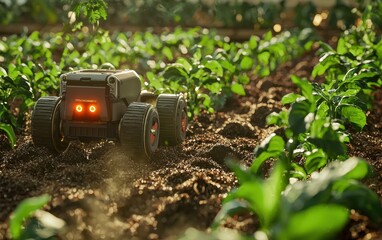 A robot distributing compost to help nourish crops in a sustainable farm
