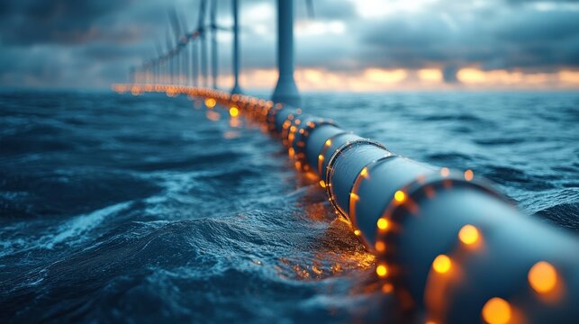 Serene view of illuminated wind turbine structures in ocean at dusk with dramatic clouds