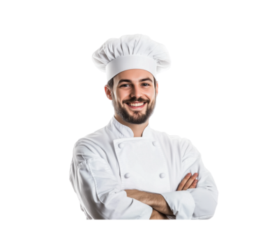 a smiling chef showing thumbs up , isolated on white background

