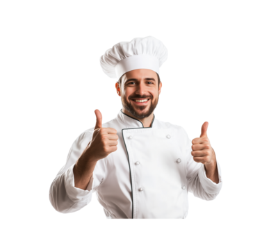a smiling chef showing thumbs up , isolated on white background

