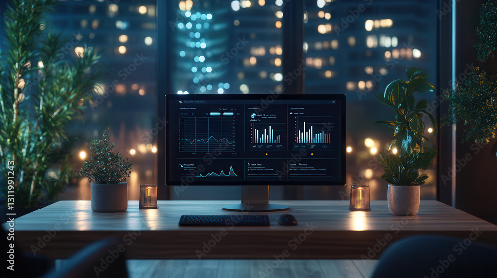 Aufkleber modern financial dashboard displayed on computer screen at night, showcasing data analytics in cozy 