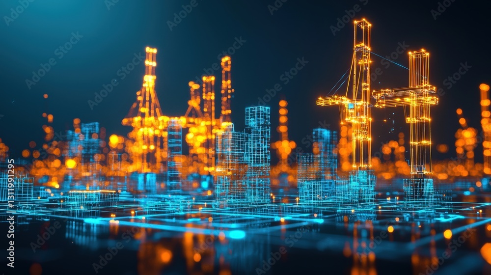 Poster a futuristic port with glowing digital cranes and self-loading cargo.