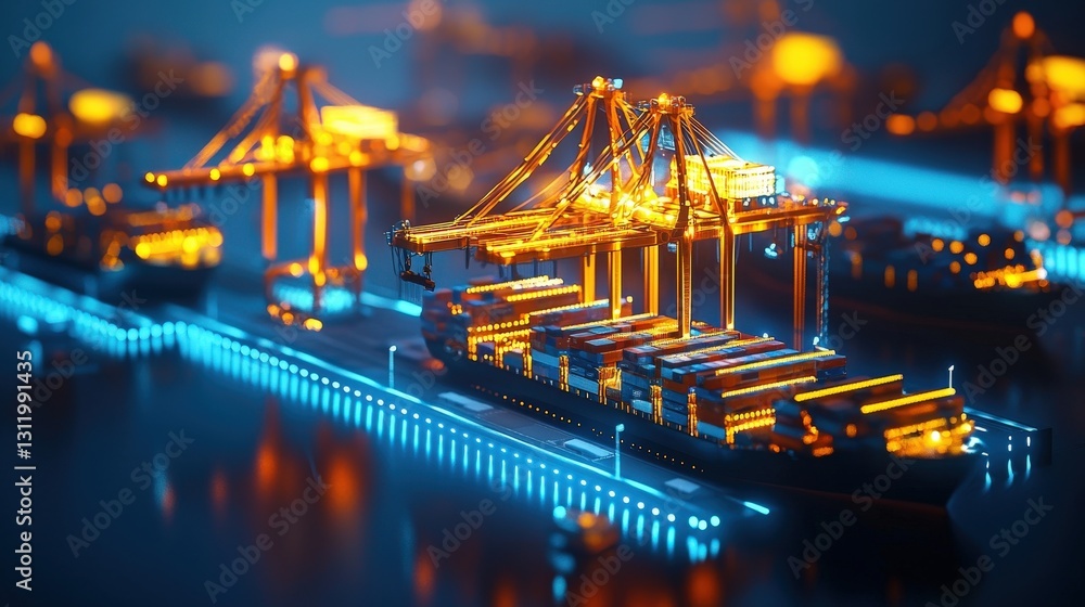 Poster a futuristic port with glowing digital cranes and self-loading cargo.