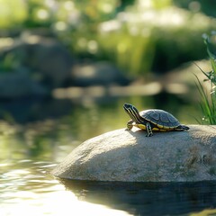 Obraz premium A small domestic turtle resting on a smooth rock near a shallow pond.