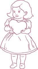 Flirtatious vector whimsical outline flat illustration with girl and heart shape in her arms