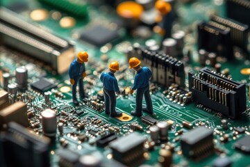 Obraz premium Miniature IT Specialists Team Performing Detailed Computer Repair on Circuit Board Landscape Modern Technology Concept