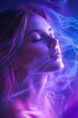 Fototapeta premium Mindful Serenity Abstract Wellness Portrait Young Woman Meditating in Ethereal Purple and Blue Energy Healing Light Mental Health Awareness Concept