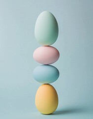 Fototapeta premium Easter eggs, banners, greeting cards and posters are stacked and arranged harmoniously with the light blue background, fresh and bright, conveying a joyful and peaceful holiday atmosphere.