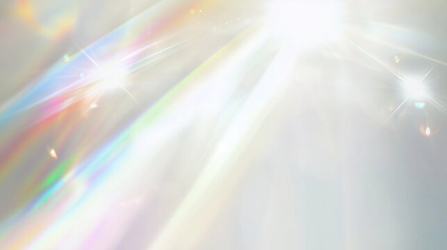 Iridescent white background with rainbow light rays and prismatic lens flare. Soft-focus bokeh effect creating a dreamy and ethereal atmosphere with chromatic aberration and blurred textures.