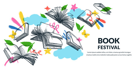 Book festival banner poster design. Vector hand drawn sketch illustration. Flying books clouds leaves education concept
