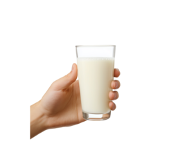A hand holds a glass of milk isolated on white background 