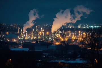 Fototapeta premium Modern Industrial Refinery Complex at Night with Dramatic Lighting and Steam Rising Through Complex Network of Steel Pipes and Processing Units