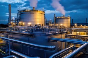 Obraz premium Modern Industrial Refinery Complex at Night with Dramatic Lighting and Steam Rising Through Complex Network of Steel Pipes and Processing Units