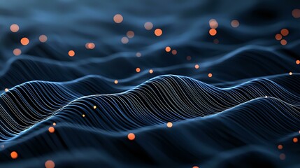 Abstract digital waves with glowing orange particles floating over dark blue rippling surface, network visualization showing flowing data and connectivity patterns.