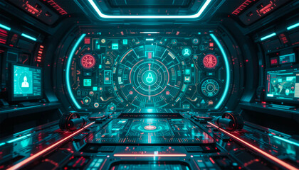 Obraz premium Advanced spaceship interior with neon control panels