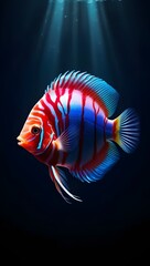 A radiant discus fish glows with fiery red, electric blue, and gold hues, floating elegantly in a dark, mystical underwater realm.