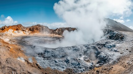 Panoramic view of a volcanic crater with steam rising, showcasing rugged terrain and blue skies