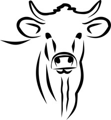 Minimalist black and white bull head illustration with bold, flowing lines. The artistic design highlights the horns and facial features, creating a modern and elegant look.