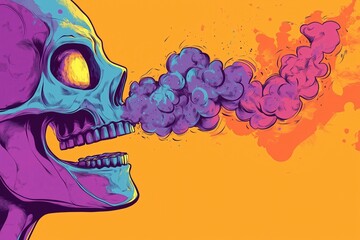 Fototapeta premium Skeleton smoking a cigarette and blowing out smoke.