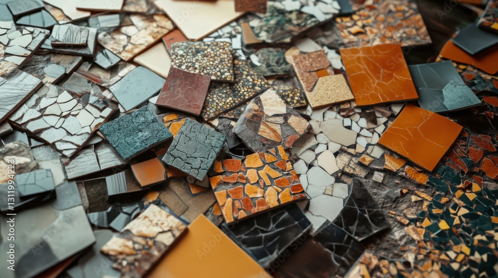 Poster assorted mosaic tiles in various patterns and textures, decor and materials