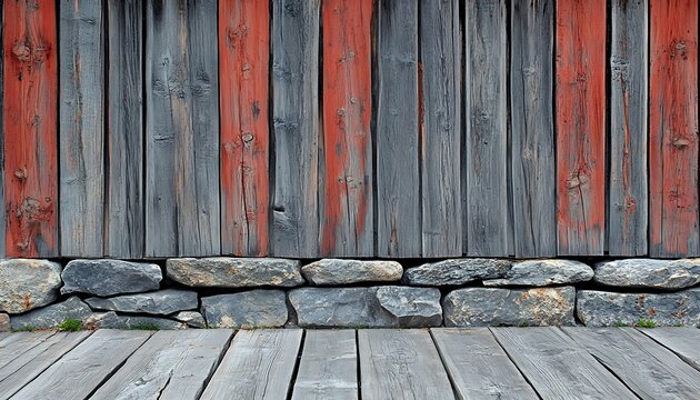Rustic wooden wall with stone base - Powered by Adobe