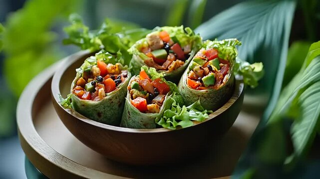 Fresh vegetable wraps served in a wooden bowl, surrounded by greenery.