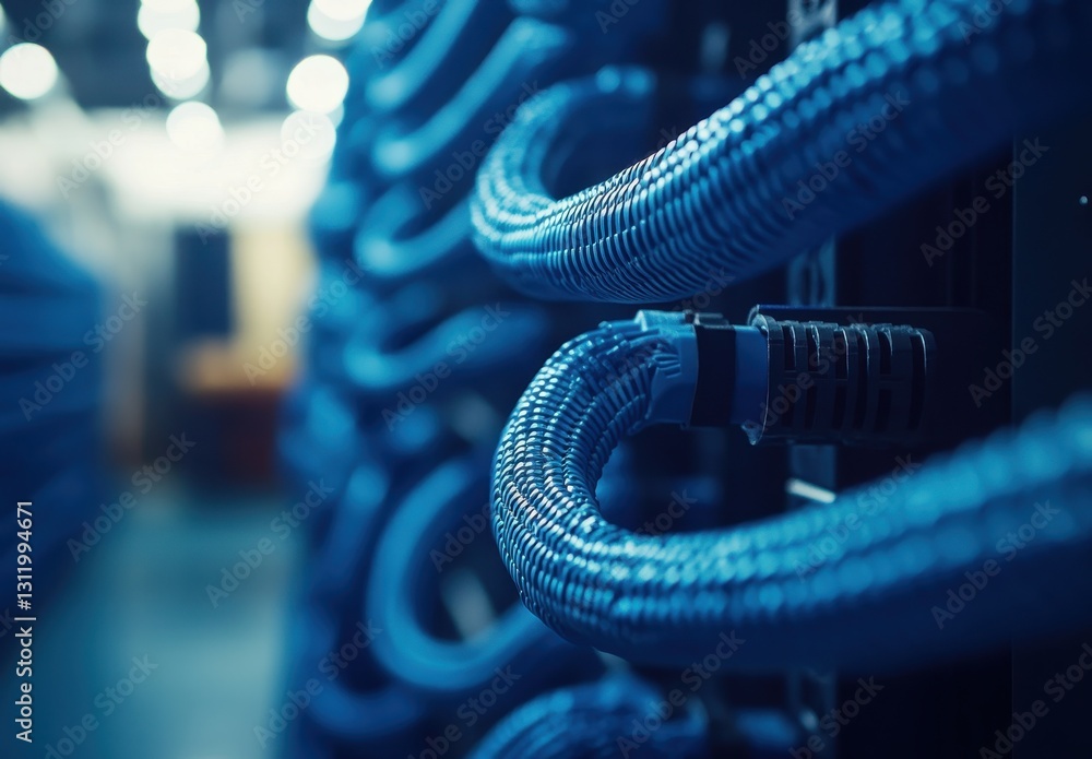 Poster close-up of blue cables in a network data center with soft lighting, showcasing technology and conne