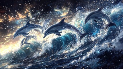 Fototapeta premium A school of dolphins leaping through the waves, captured in mid-air, with the ocean sparkling around them