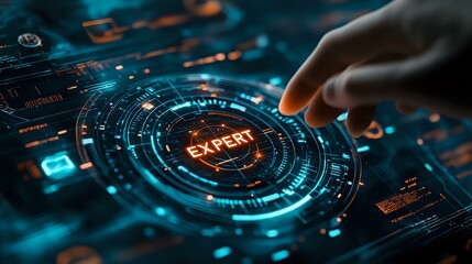 Obraz premium Futuristic digital interface with glowing expert text and finger touching holographic display in dark blue tones with circular HUD elements and data visualization.