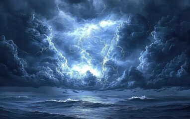 Obraz premium A sea of dark, moody clouds over a calm ocean, creating a sense of impending rain or storm